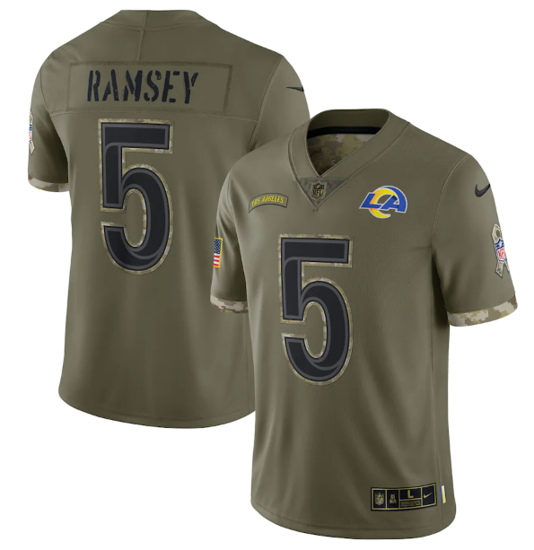 Men's Los Angeles Rams #5 Jalen Ramsey Olive 2022 Salute To Service Limited Stitched Jersey Men's Los Angeles Rams #5 Jalen Ramsey Olive 2022 Salute To Service Limited Stitched Jersey